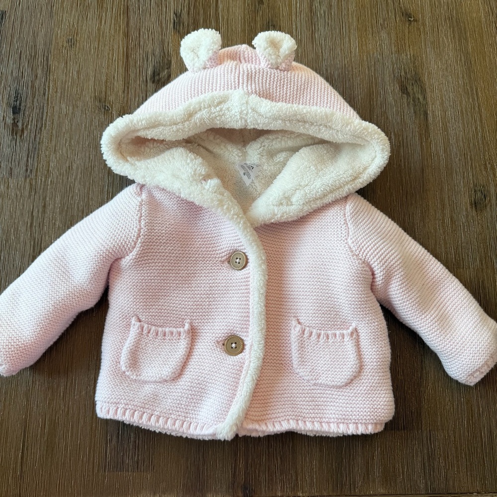 Carter's Super Thick Fleece Lined Pink Knit Cardigan with Bear Ears 6M